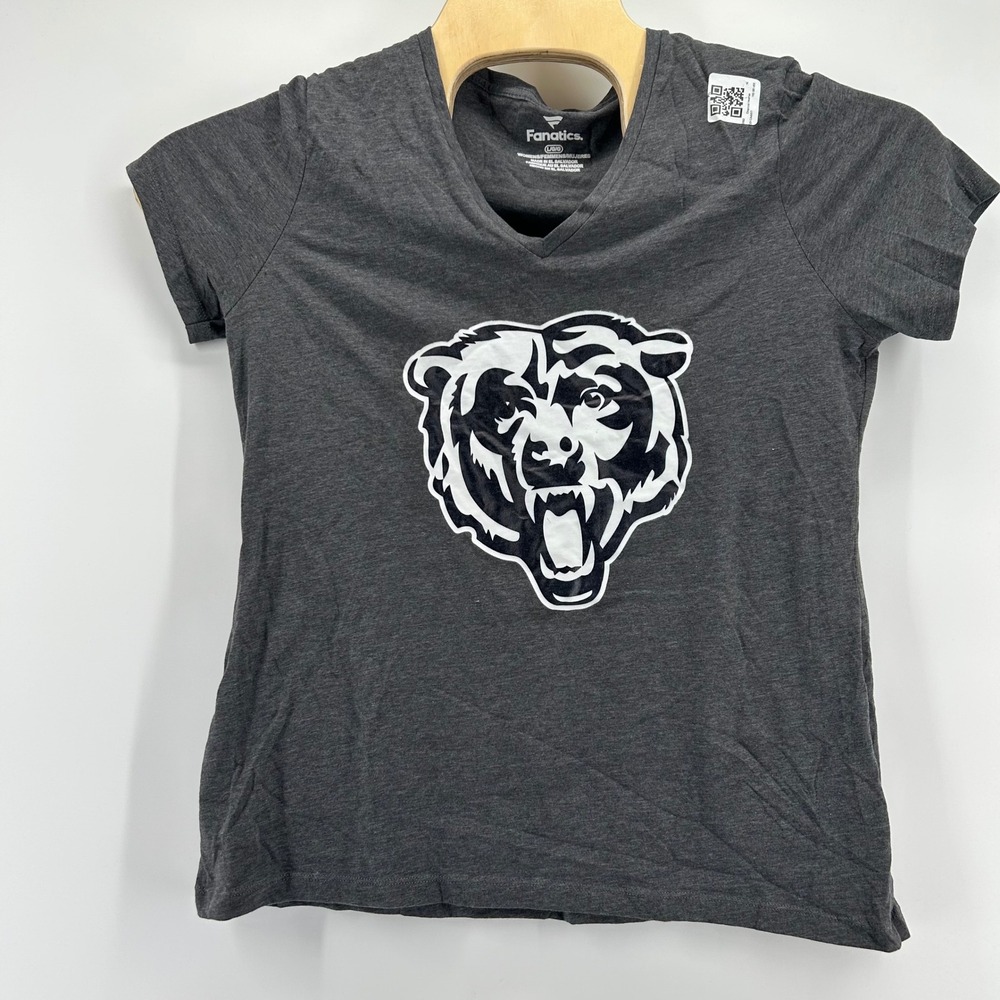 Fanatics Chicago Bears T-Shirt Womens Large Grey V-Neck Graphic Logo NFL Tee